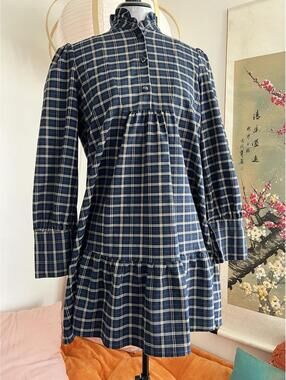 Zara Woman Plaid Ruffle Neck Dress Small S Blue Tan Tartan Long Sleeve Academia